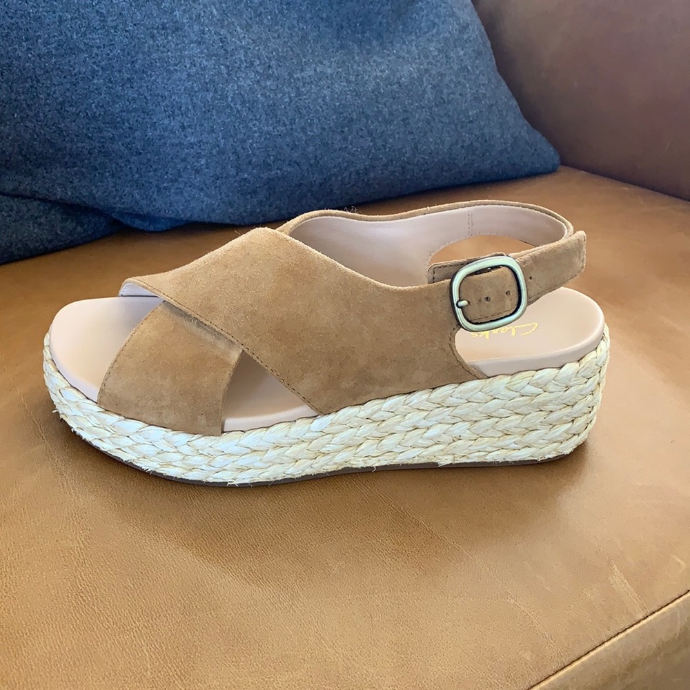 Clarks Kimmei suede sandal . Worn once indoors . Very comfortable with height